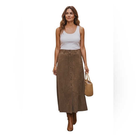Ralph Lauren Dresses & Skirts - Lauren Ralph Lauren✨ Brown Genuine Suede Leather Button Front Midi Skirt